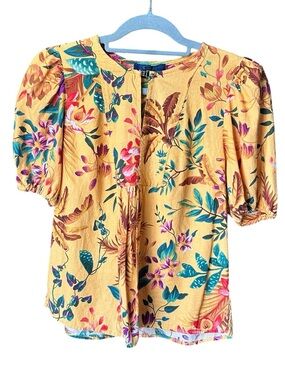 Rachel Roy Gold Floral Puff Sleeve Blouse Sz Medium
